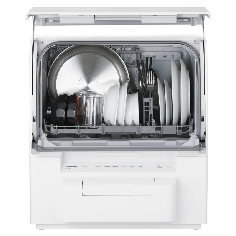 White compact dishwasher with various dishes and cookware inside