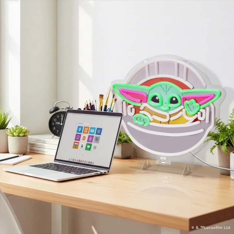 Grogu Neon Sign on Desk