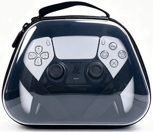 PlayStation 5 DualSense controller stored in a transparent protective carrying case
