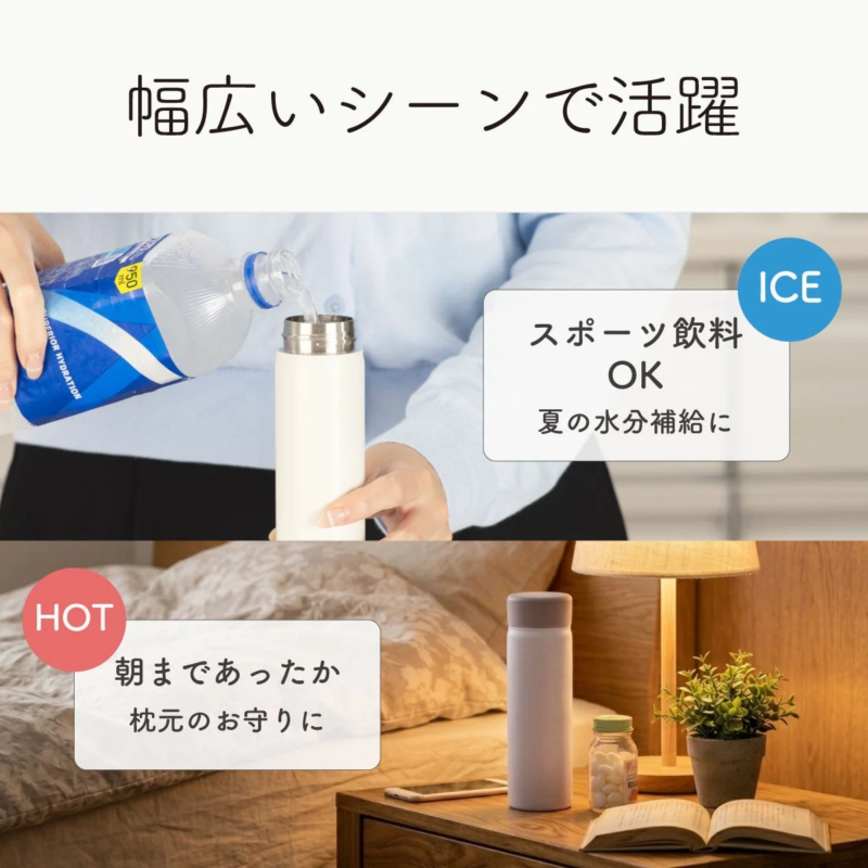 Various scenarios where a thermos bottle can be used, including with sports drinks and by a bedside