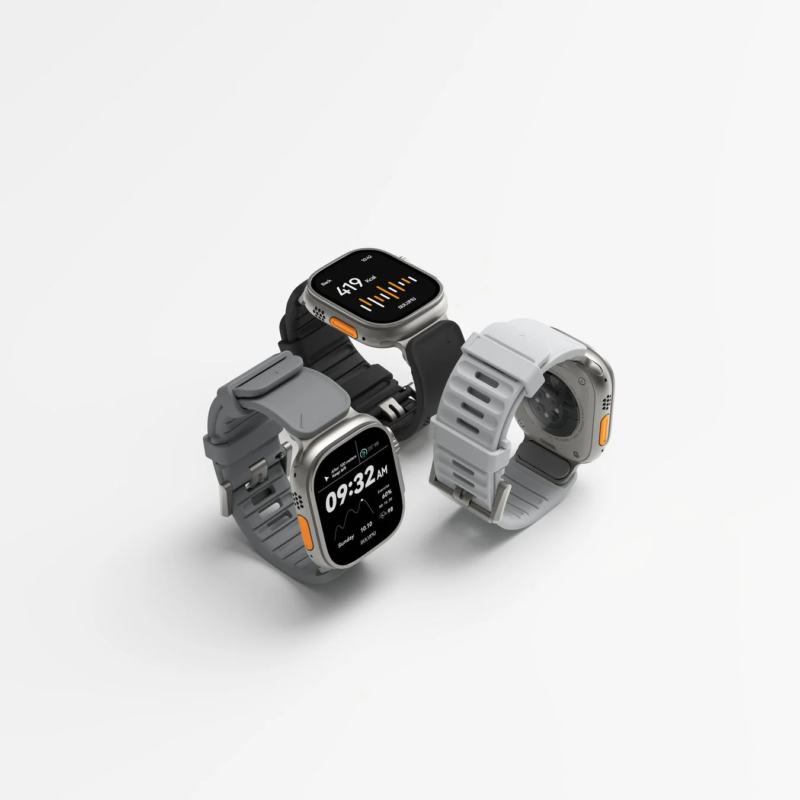 Three smartwatches displaying various data