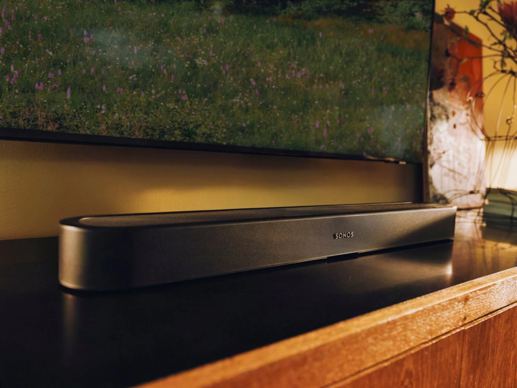 A Sonos soundbar placed in front of a TV displaying green foliage