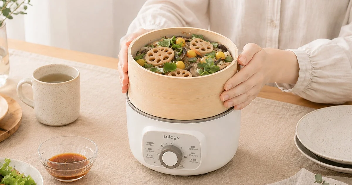 Woman using electric steamer on a table