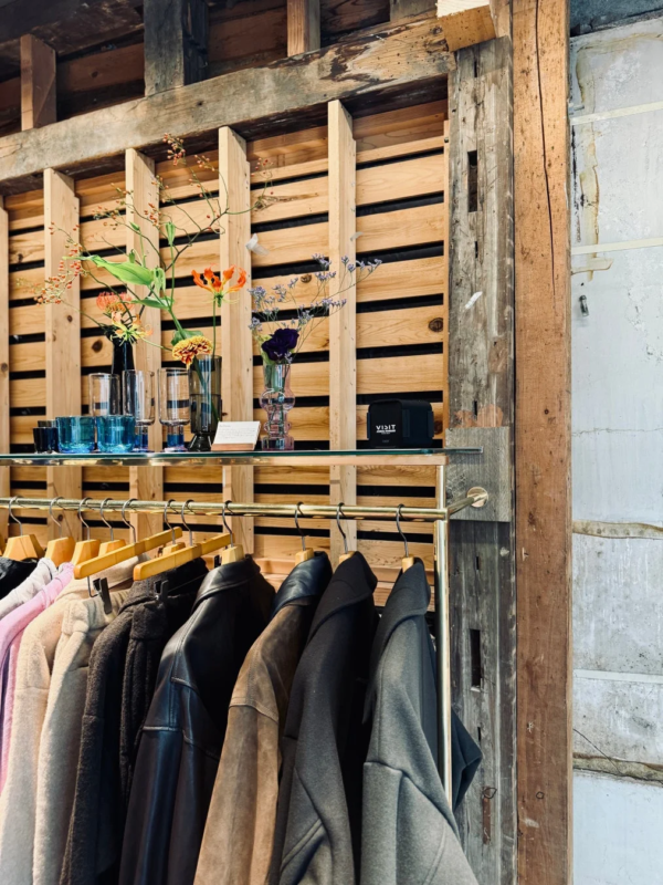 Interior of an apparel store with wooden accents