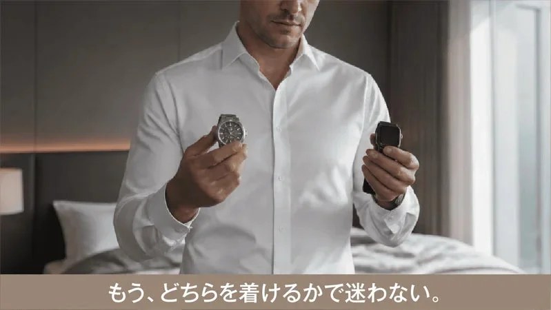 A man contemplating between wearing an analog watch or a smartwatch