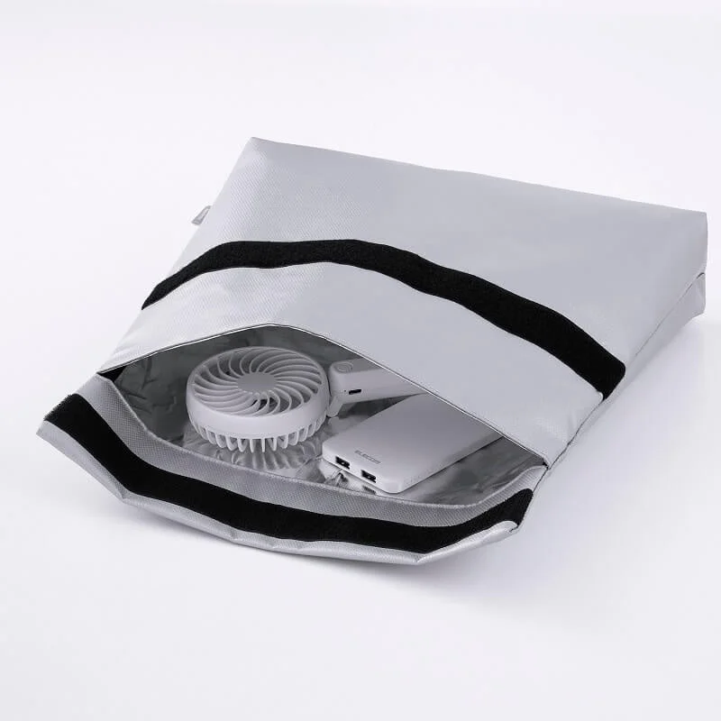 Open case displaying a mobile battery and portable fan