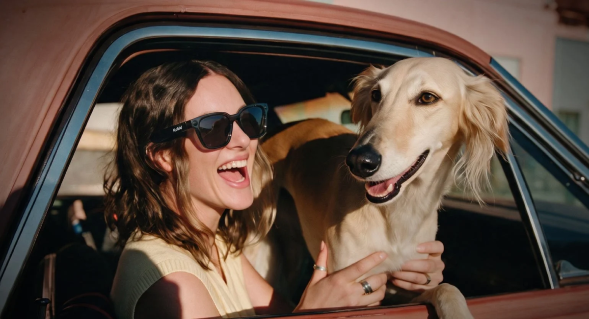 Woman with dog in car, wearing Rokid Ai Glasses Style