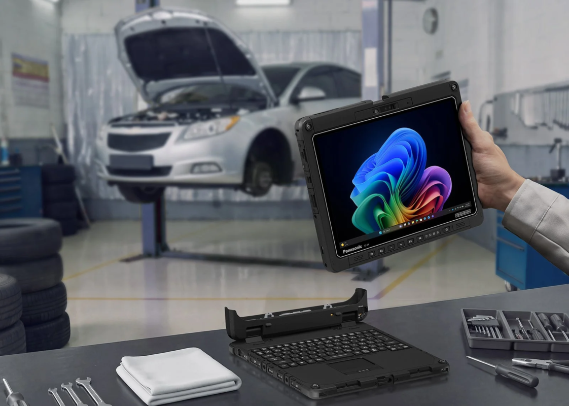 Mechanic using a Panasonic TOUGHBOOK in an auto repair shop