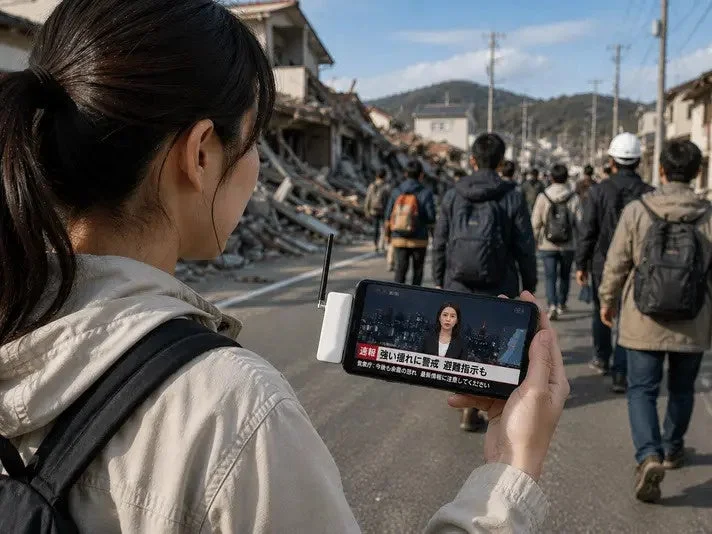 Person viewing news on smartphone with Sonae Denpa in a disaster-stricken area