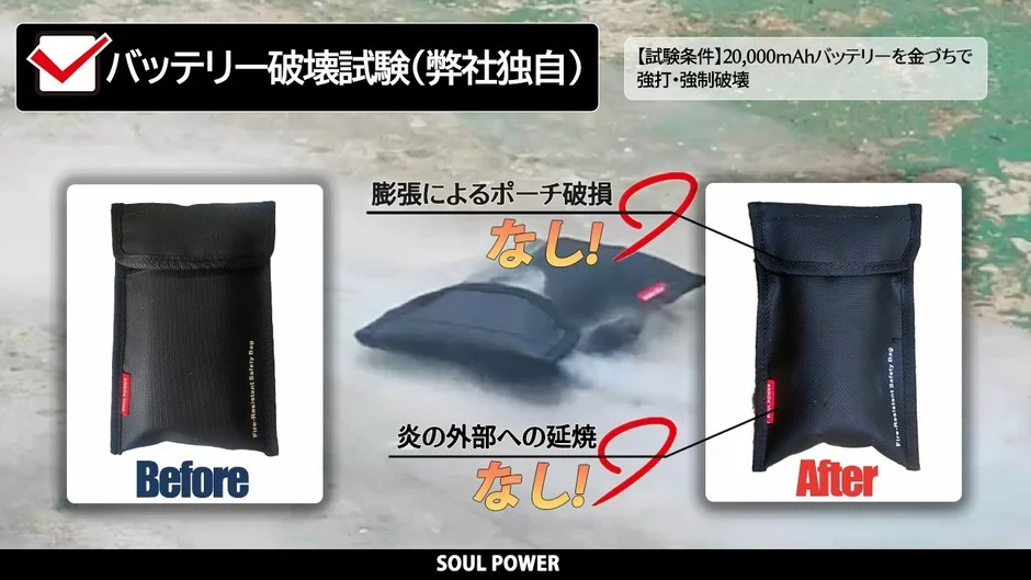 Battery Destruction Test of SOUL POWER Fire-Resistant Safety Bag