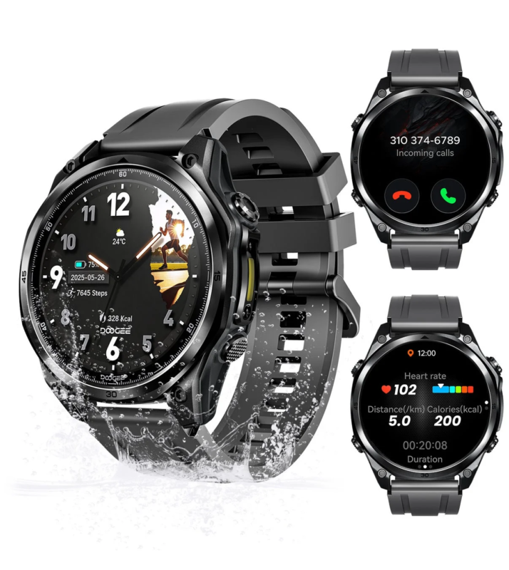 The DOOGEE Anywise W1 Lite smartwatch displaying an incoming call, along with fitness data.