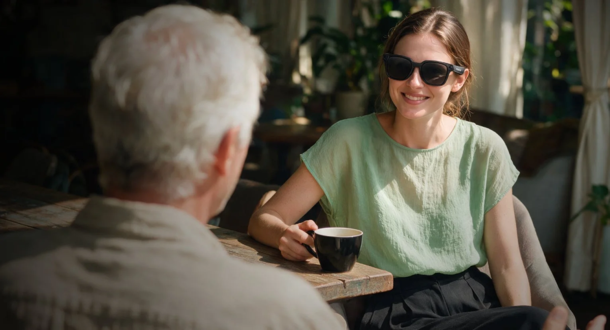 Woman in cafe, wearing smart glasses