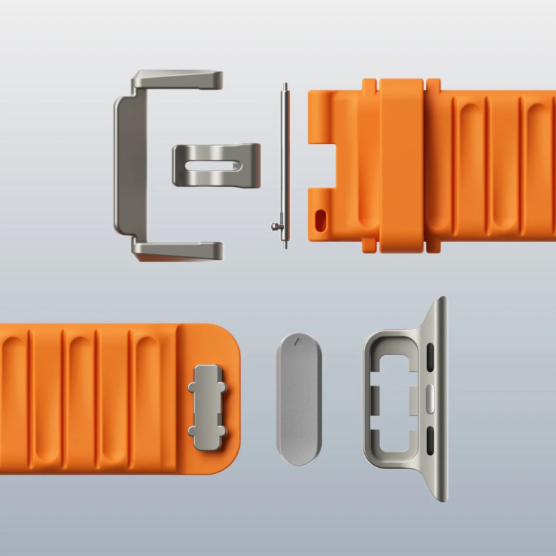 Disassembled orange quick release band components